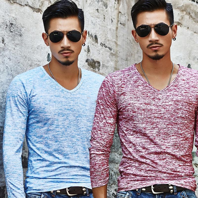 Pánské ležérní topy Slim Fit s dlouhým rukávem Jednobarevné Výstřih do V Bavlněná trička Halenka121
