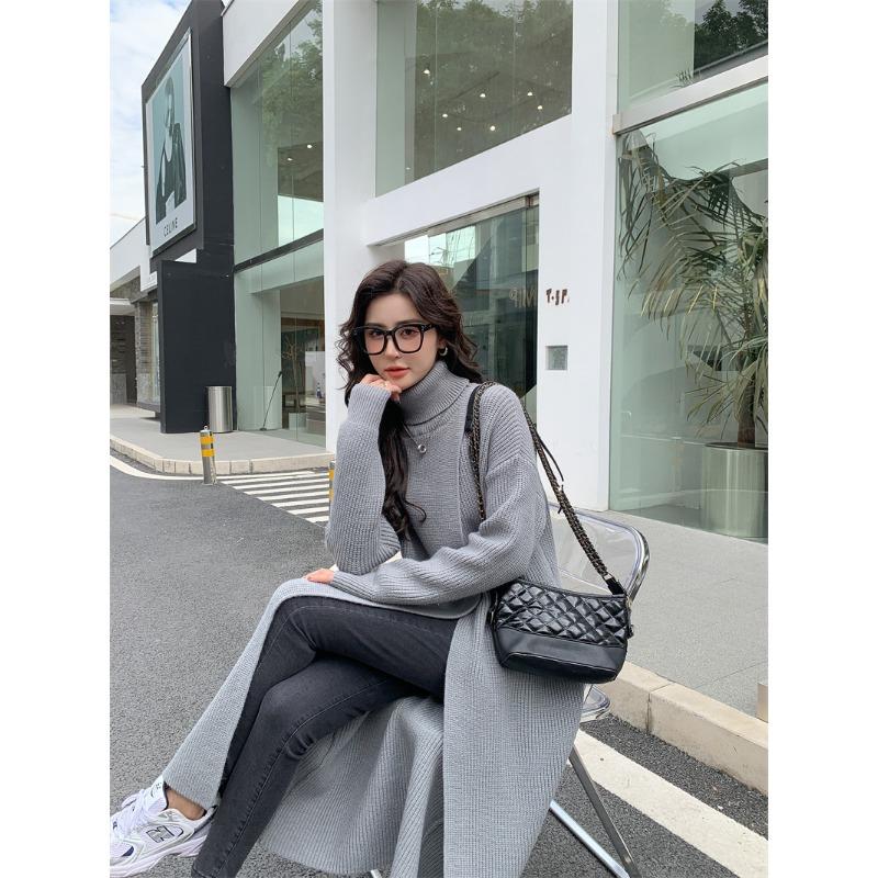Neu im Herbst Winter Damen Strickpullover Lange Kleider Hochgeschlossenes, geteiltes, lockeres Pulloverkleid Lässiger Temperamentpullover mit Kleidung der unteren Schicht