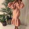 Damen V-Ausschnitt Langes Puffärmel Midi-Kleid Schlanke Passform Hohe Taille Elegantes Meerjungfrauenkleid Uni Air Layer Stoff