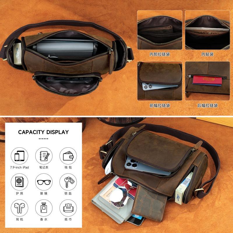 New horizontal cylindrical men's bag large capacity fashionable retro shoulder oblique span bag genuine leather men's bag