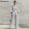 Fashion Chic Sheer Chiffon Set Solid Stand Collar Bubble Sleeve + High Waist Wide Leg Pants Two Piece Outfit