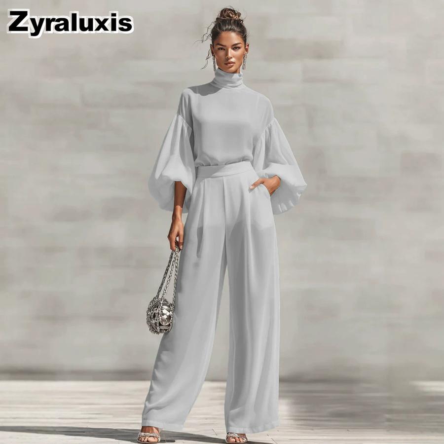 Fashion Chic Sheer Chiffon Set Solid Stand Collar Bubble Sleeve + High Waist Wide Leg Pants Two Piece Outfit