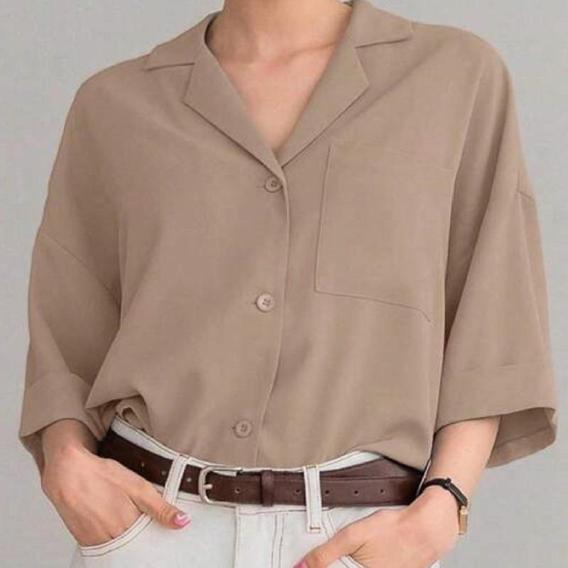 

YYFS Женская мода Повседневная Лето Весна Однотонный Принт Рукава 1/2 Воротник ПОЛО Блузки и Рубашки S хаки