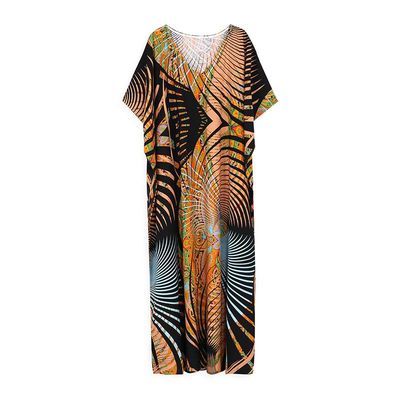 EDOLYNSA Různobarevné Kaftan Bohemian Potištěné Maxi šaty Batwing Sleeve Sleeve Sleeve Women Dámské plážové oblečení Polorukáv Maxi šaty Robe Q1342