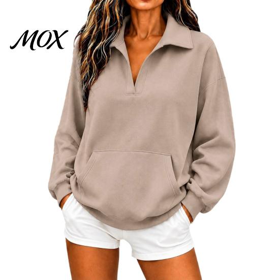 Ribbed Cuff Pullover Women V-Neck Sweatshirt with Kangaroo Pocket, Fit Drop-Shoulder Top, Loose Casual Long Sleeve Top for Autumn Winter Drop Shoulder