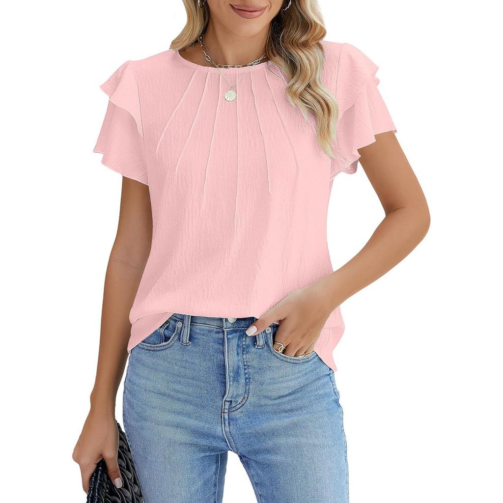 Damenmode Locker geschnitten Rundhals Falten Pullover T-Shirt Kurzarm Top