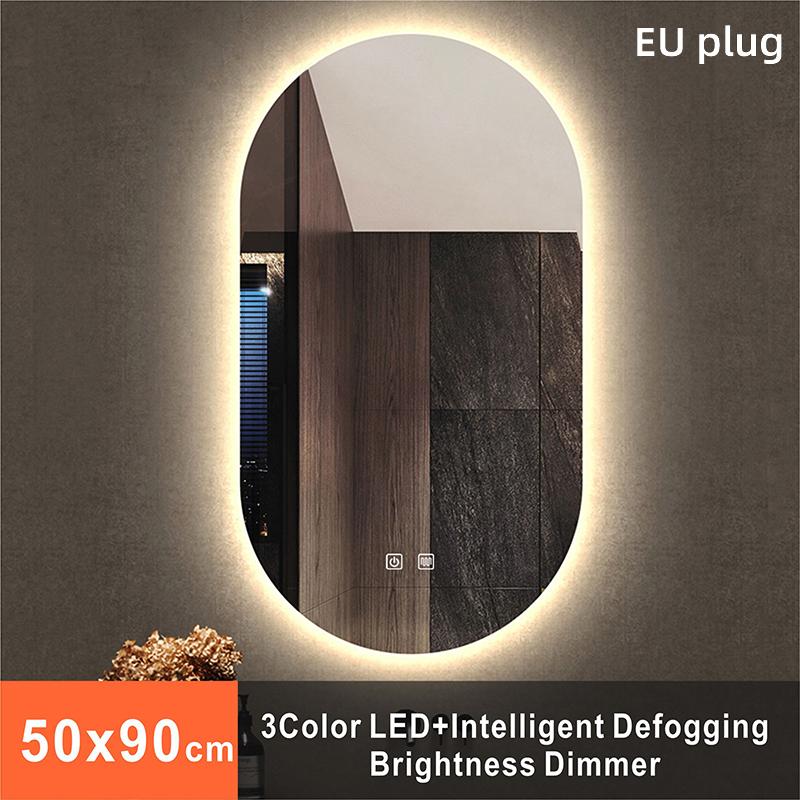 Oval Smart Vanity Bathroom Mirror High Quality Refection Three Color Brightness Dimmer With Anti-fog LED Hotel Bath Mirror