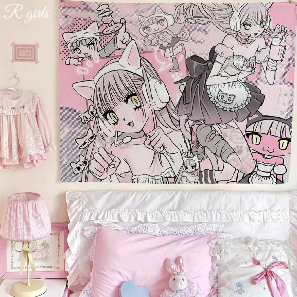 Hot Anime Tapestry DéCor Pastel Pink Anime Girls Tapestry Home Decoration Stylish Wall Hanging For Teen Bedroom Living Room Flag