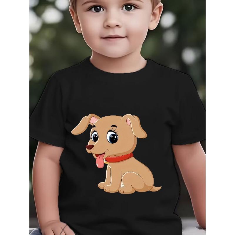 European Sizes Boys' Short-Sleeve T-Shirt with Cute Light Brown Puppy Cartoon Print, Big Eyes and Long Eyelashes