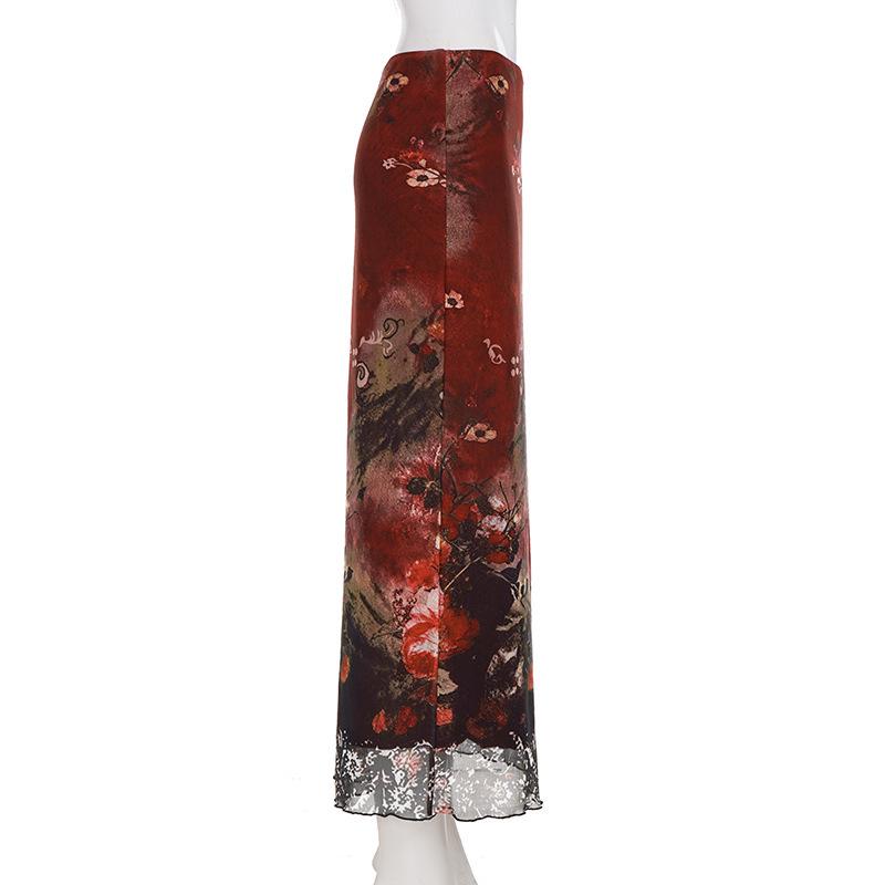 Retro Tie-Dye Mesh Patchwork High Waist A-Line Skirt