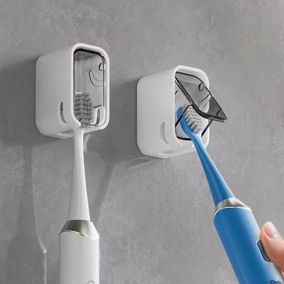 2 Stuks Tandenborstelhouder Wandmontage Elektrische Tandenborstel Opbergrek Klapdeksel Geen Boren Plakkerig Stofdicht Badkamer Organizer