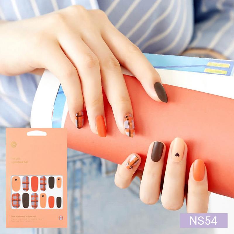 Warm-Tone Nail Stickers 24pcs | Self-Adhesive Strips, Caramel&Plaid Mix, Quick 5-Min Manicure