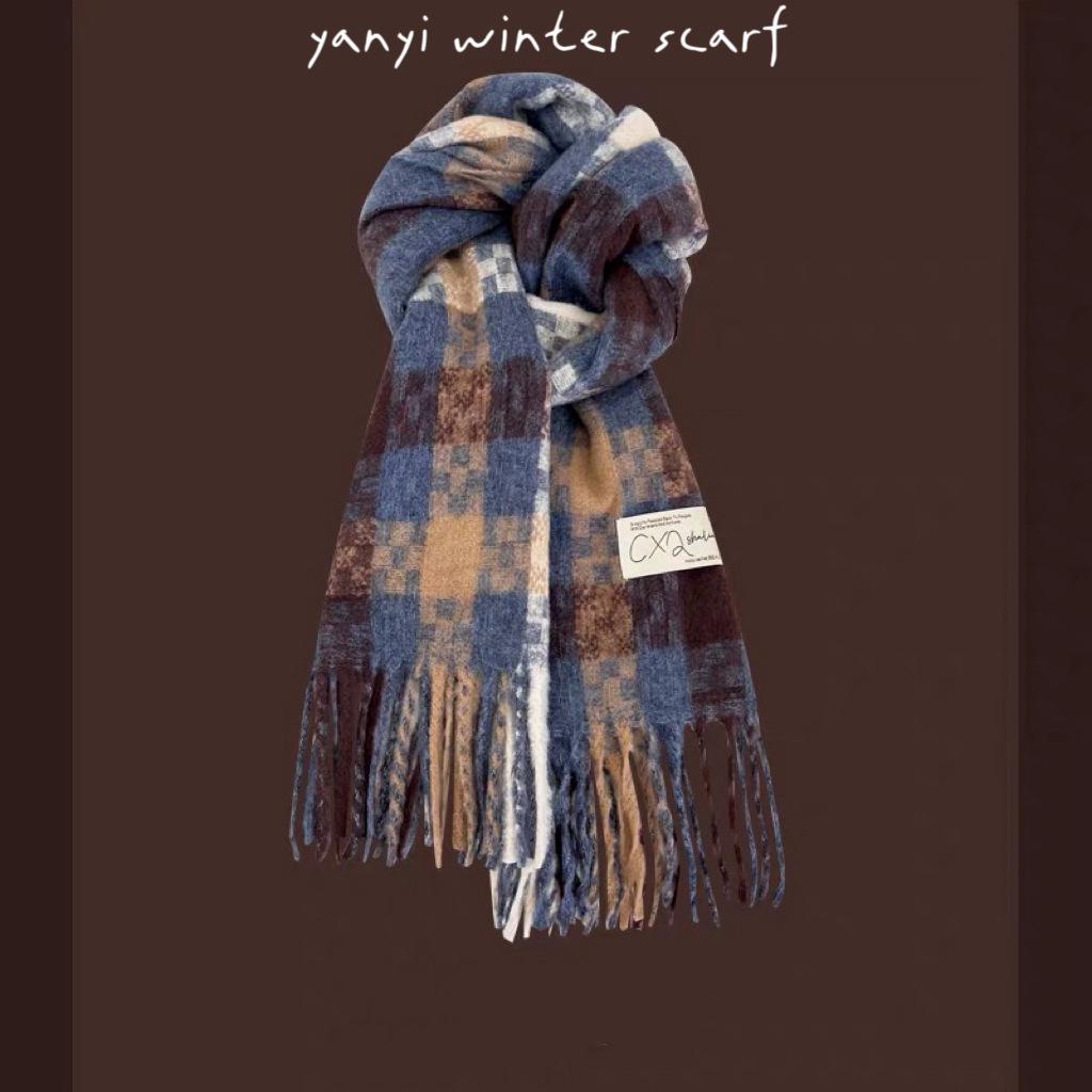 Women's Autumn & Winter Plaid Scarf: Thick Imitation Cashmere Shawl, Solid Color Neck Warmer for Students