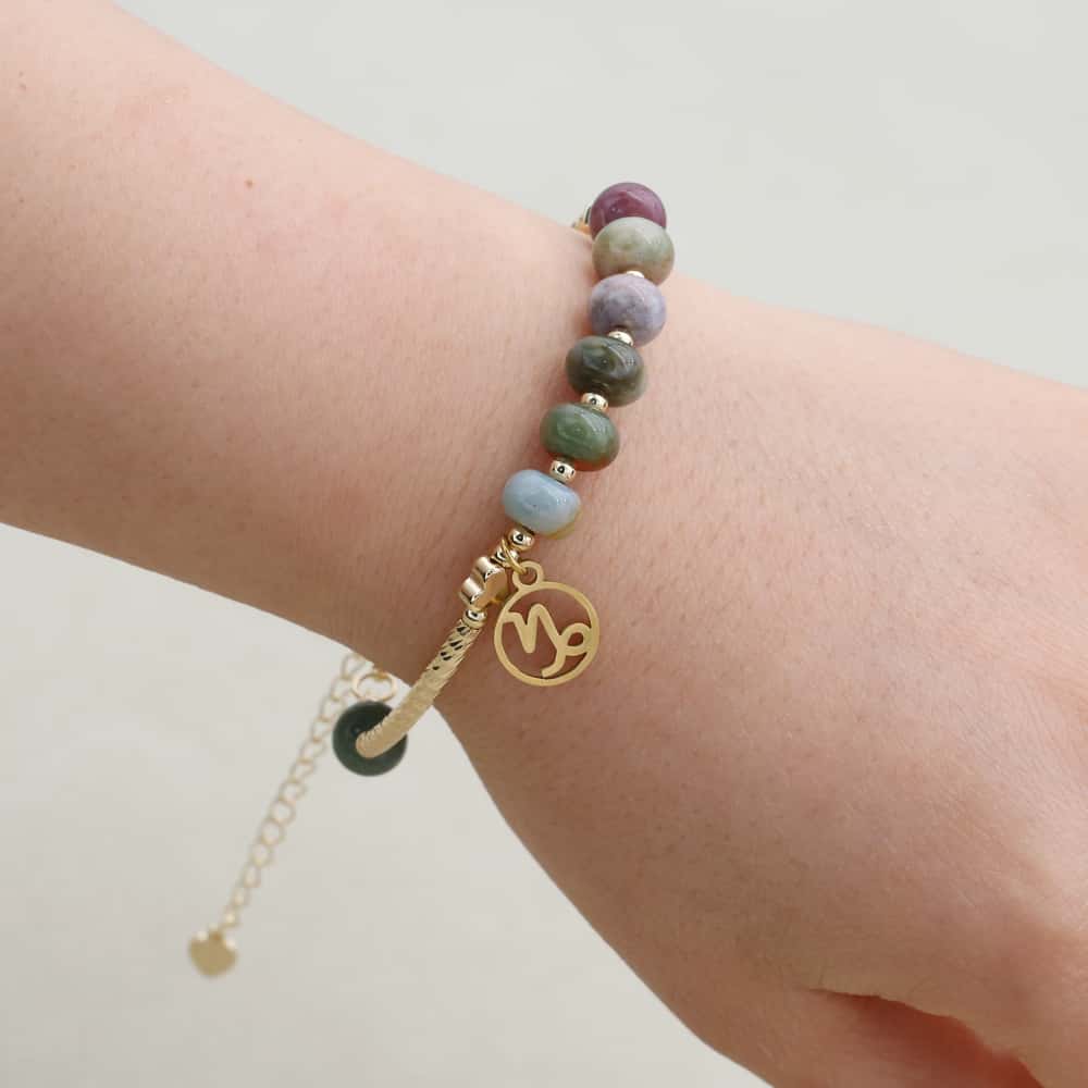 Women Constellation Zodiac Charm Strand Bracelet Natural Stone Indian Jasper Beads Gold Plated Fashion Jewelry Gifts