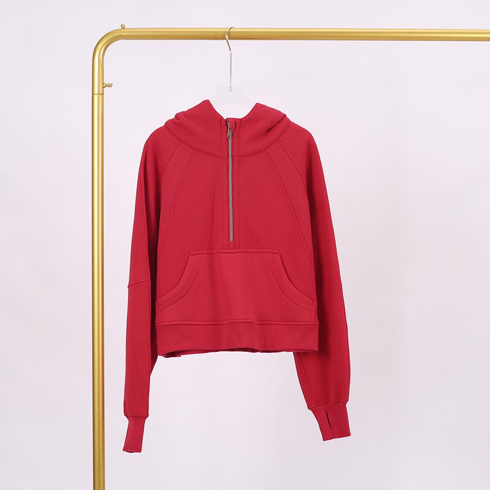 LULU Women's Hooded Half-Zip Terry Cloth Sweatshirt with Gold Logo & Zipper, Plus Velvet Yoga Wear