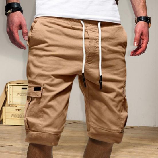 Mid-Rise Elastic Waistband Drawstring Multi Pockets Men Shorts Solid Color Loose Fitness Cargo Shorts Streetwear