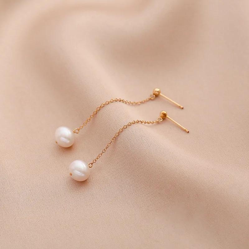 Women Gold Chain Long Tassel Earrings With Round Freshwater Pearls Wedding Bridal Jewelry