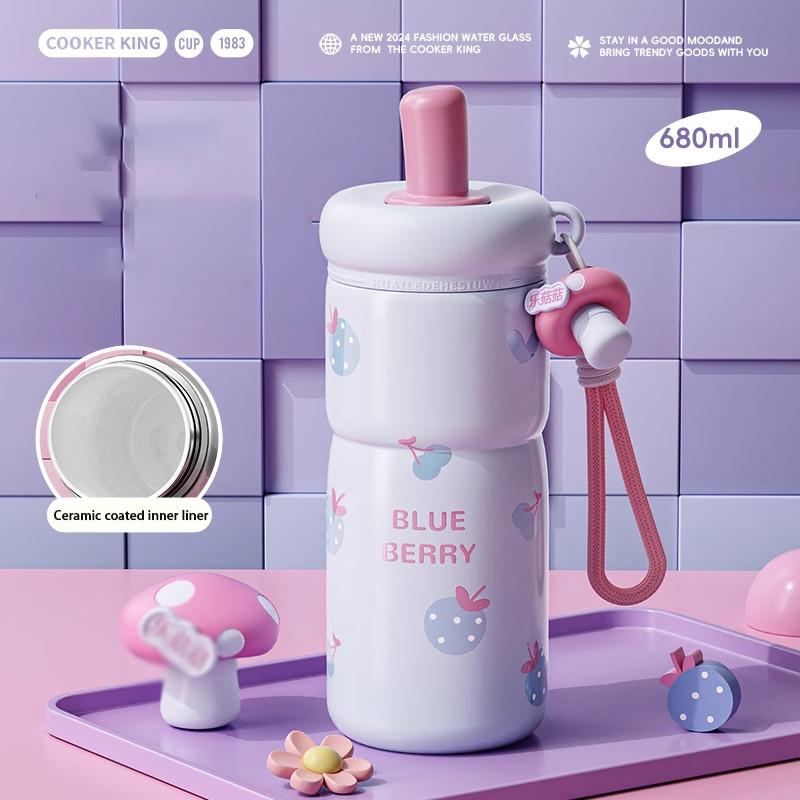 680ML Portable Vacuum Flasks 316 Stainless Steel Ceramic Inner Straw Cup Student Water Bottle Travel Tumbler