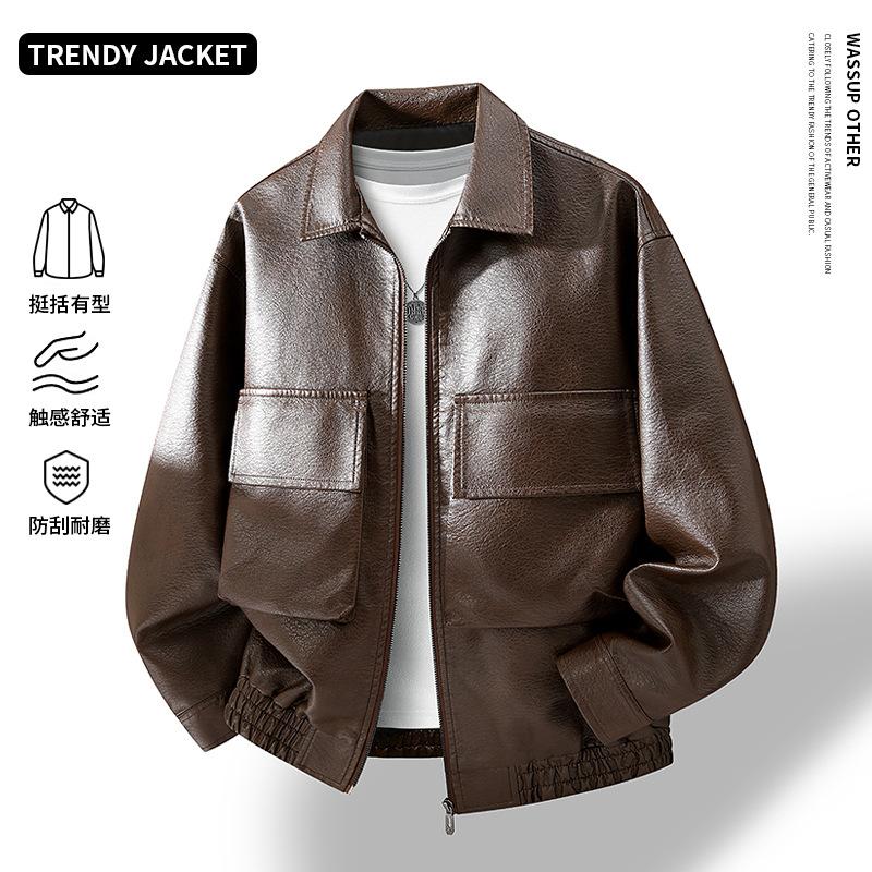 M-XL Leather Jacket Men's Spring and Autumn Men's Lapel Loose Trendy Brand Leather Jacket Fat Fat Fat Large Size Jacket