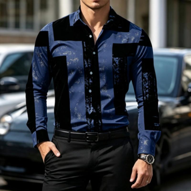 Men's Shirt Color Block Lapel Long Sleeved Shirt Abstract Geometric Print Slim Fit Shirt Light Business Daily Casual