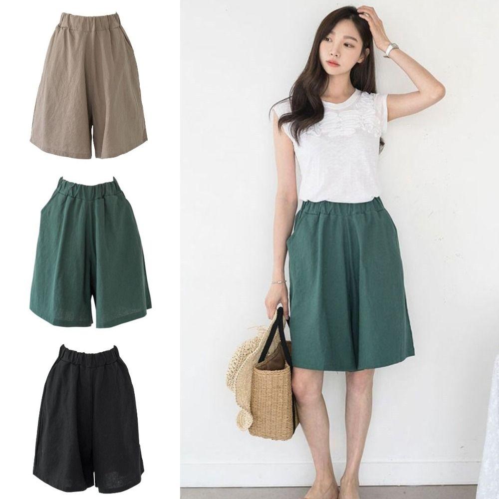 Fashion Elastic Waist Women Fifth Pants Linen Cotton Loose Casual Shorts Wide Leg Plus Size Knee Length Trousers Holiday