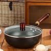 Iron Wok Pan Japanese Iron Pan With Wooden Lid Thick Non-stick Hand-Forged Pot For Stove Induction Hob Kitchen Restaurants Home