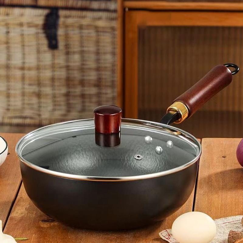 Iron Wok Pan Japanese Iron Pan With Wooden Lid Thick Non-stick Hand-Forged Pot For Stove Induction Hob Kitchen Restaurants Home