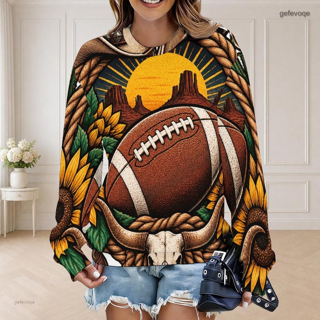 Women Plus Size Round Neck Long Sleeve Daisy Football Printed Pullover Sweatshirt