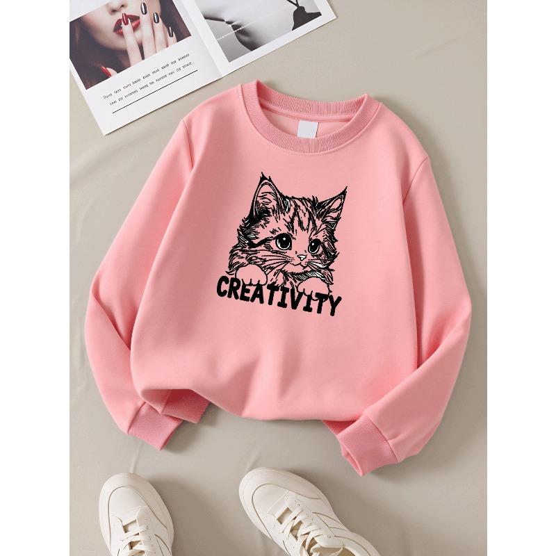 Girls' Round Neck Sweatshirt, Girls' Casual Printed Round Neck Pullover, Cute Cat Creativity Art Design