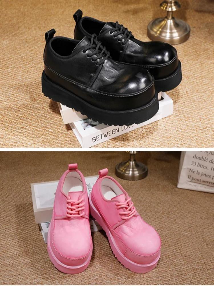 Johnature Höhensteigernde Dicksohlige Schuhe Schnürung Echtes Leder Bequeme Damen High Heel Pumps