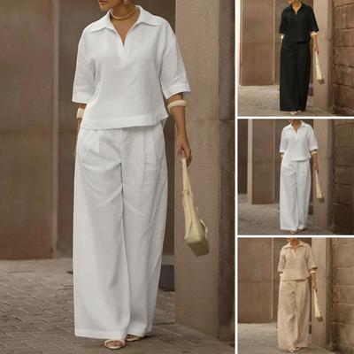 Women's 2 Piece Sets Casual Short Sleeve Lapel V Neck Top And Wide Leg Pants Summer Travel Vacation Lounge Outfits