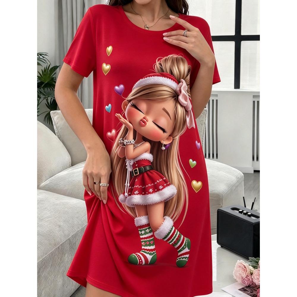 Fashion Comfortable Versatile Breathable Dress Cute Cartoon Printed New Year Dress Women Short Sleeve O-Neck Loose Casual Dress