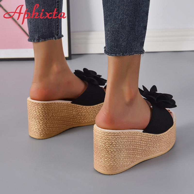 Fashion Aphixta Summer 9cm Wedge Heels Slippers Women Big Pearl Bead Flowers Cow Suede Bow Mulers 4cm Platform Sandals Clog Shoes Slides