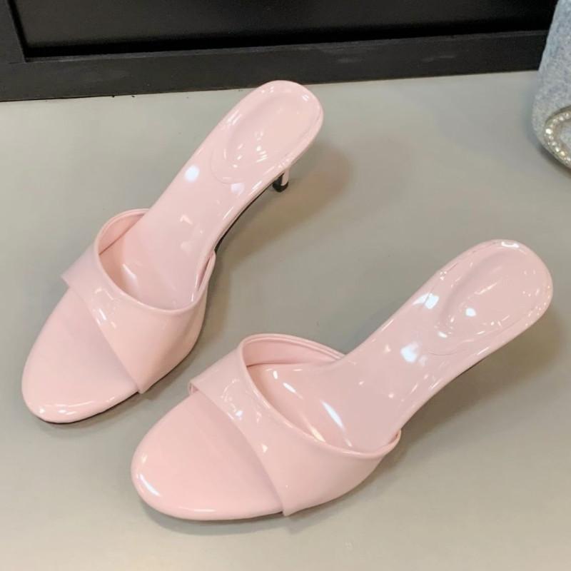 Fashion High Quality Patent Leather Round Toe Women Sandals Fashion Open Toe Thin Heeled Mules Shoes Summer Comfort Shallow Slide Sandal