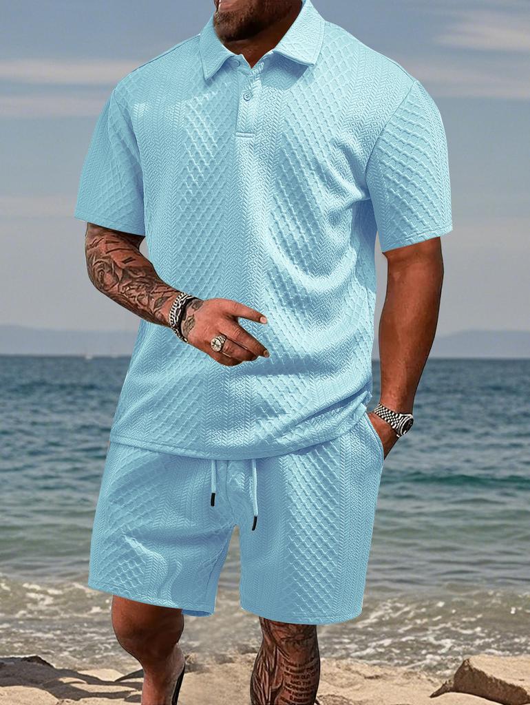 Men's Jacquard Polo Set Summer Thin Plaid Short Sleeve Casual Sports Outfit