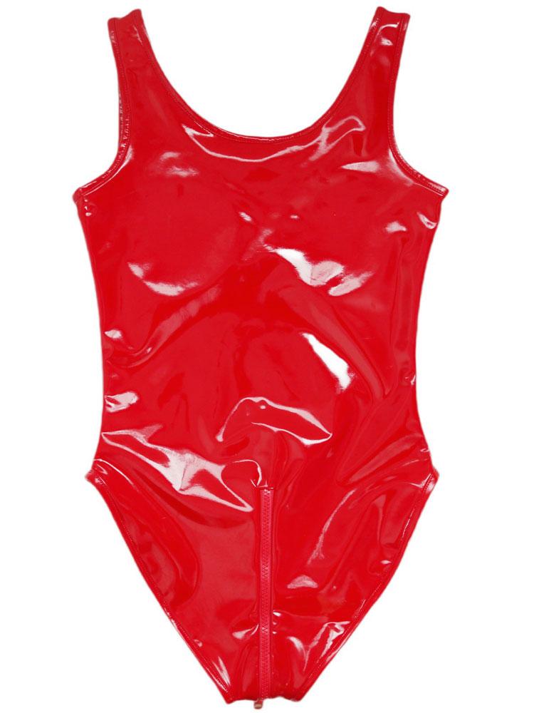 Women's Hollow Out Breast Wet Look PVC Shiny Bodysuit Tops Zipper Open Crotch Erotic Tights Body Teddies Clubwear PU Catsuit