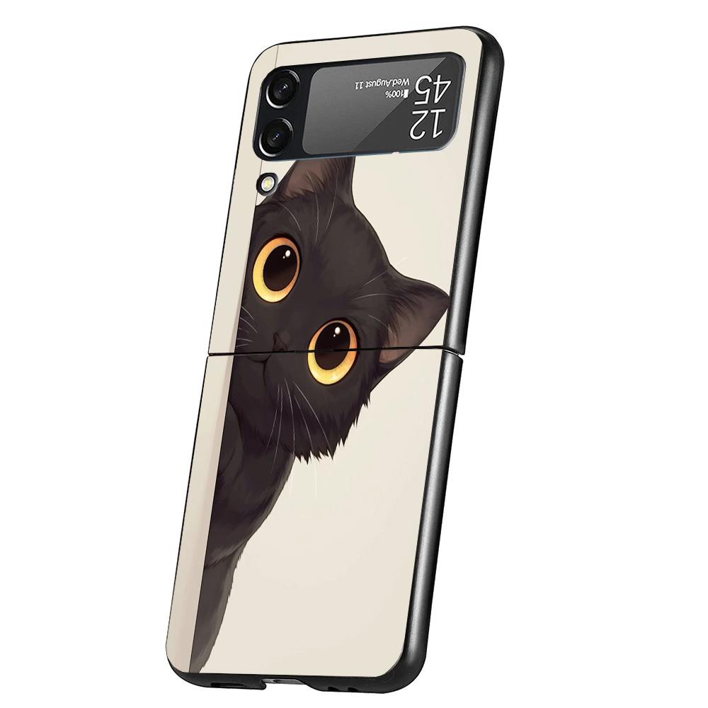 Cat Cute Kitten Cartoon Case Phone Cover for Samsung Galaxy Z Flip 7 6 5 4 3 5G ZFlip7 ZFlip6 ZFlip5 ZFlip4 ZFlip3 Black Fundas