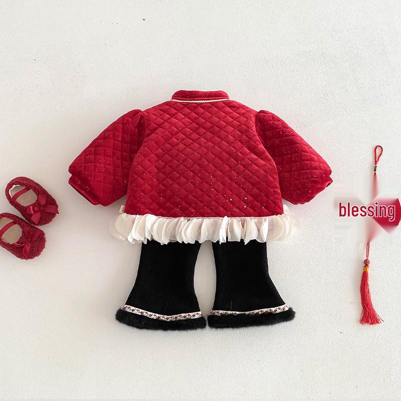 Girls' 2025 Winter Quilted Chinese New Year Retro Slanted Collar Cotton Jacket