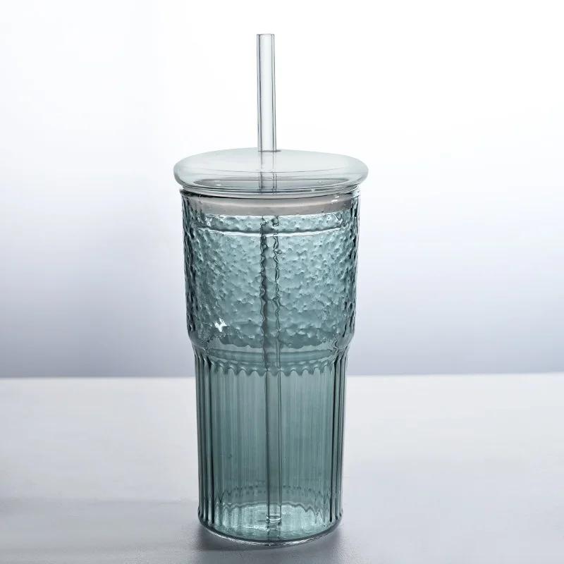 600ML Glass Cup Milk Coffee Cup with Lid And Straw Transparent Stripe Water  Mug Drinking Glasses Juice Tea Cup Drinkware