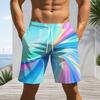 Men s Plus Size Cyan Multicolor Printed Beach Shorts Drawstring Waist Side Pockets Straight Leg