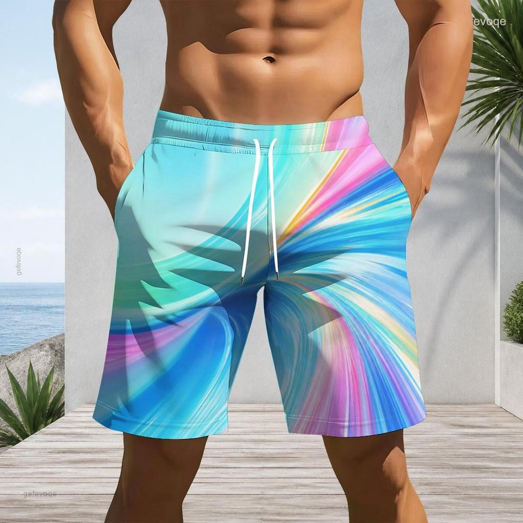 Men s Plus Size Cyan Multicolor Printed Beach Shorts Drawstring Waist Side Pockets Straight Leg