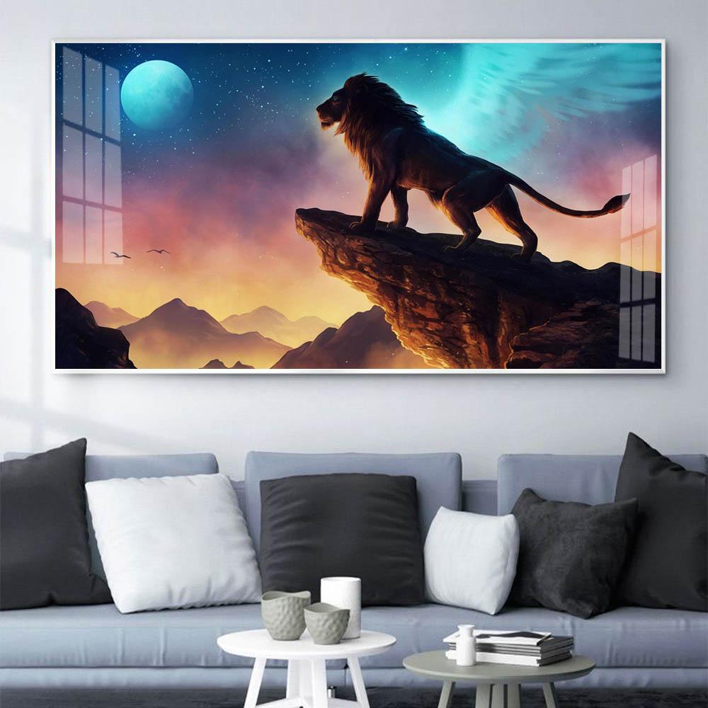 Animal Oil Painting Lion Peak Moon View Abstract Art Canvas Painting Living Room Corridor Office Home Decoration Mural No Frame