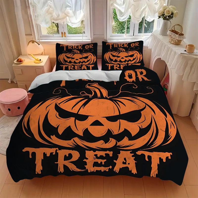 3pcs Halloween Trick or Treat Quilt Set Cartoon Themed Bed Quilt Set Lovely Character Bedroom Decor Bed Quilt Set Four Seasons (1 Cover + 2Pillow