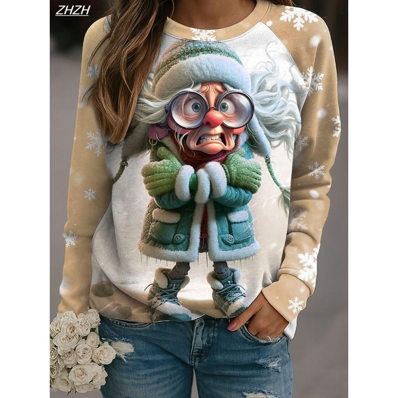

Женский пуловер с принтом снежинок, повседневные толстовки с длинным рукавом и круглым вырезом, праздничная удобная одежда, уютная мода для весны, осени и зимы 5XL