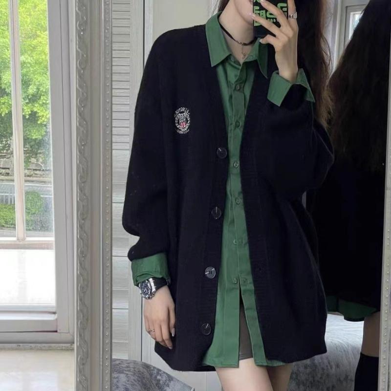 

Ленивый стиль V-образный вырез свитер пальто для женщин осень зима свободная верхняя одежда японский винтаж колледж вязаный кардиган L чёрный