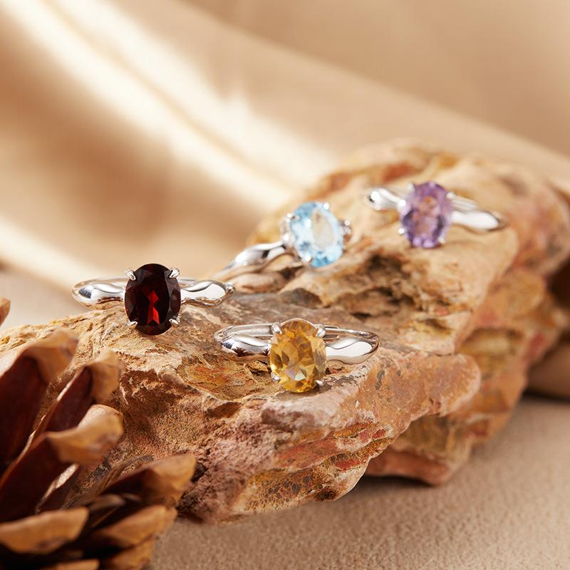 Natural Topaz Garnet Citrine Amethyst Ring Women'S S925 Sterling Silver Muscle Simple Color Treasure Index Finger Ring