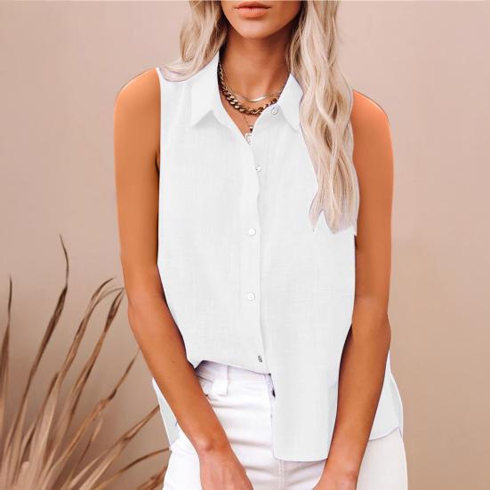 Women Shirt Lapel Sleeveless Button Down Shirt Pure Color Loose Fit