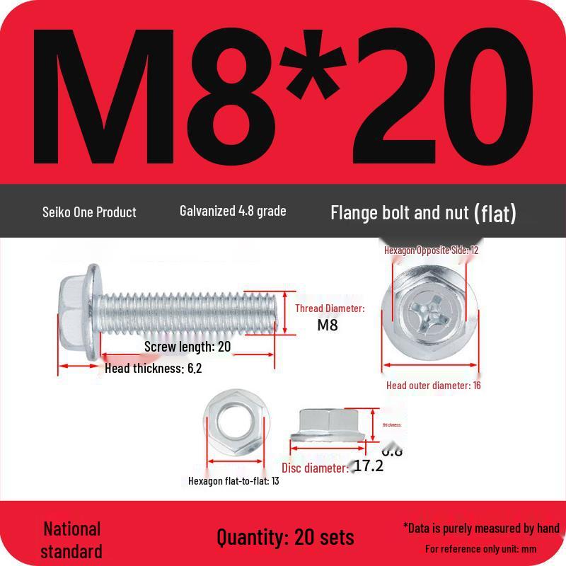 Galvanized Hex Bolt & Nut Set with Washer, Anti-slip, 4.8 Grade, Cross Flange Head, M4-M8 Sizes.