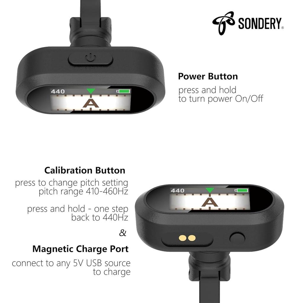 Rechargeable Clip-on Tuner with TFT Screen for Guitar, Bass, Ukulele, and Wind Instruments, 410-460Hz Chromatic Tuner Pitch, Dual Rotating Hinge for