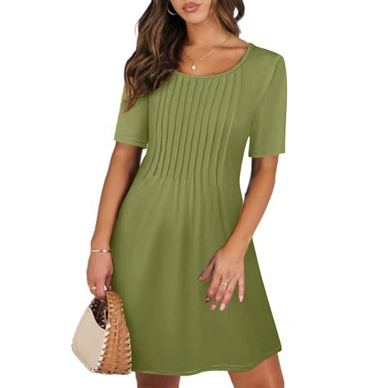Popular eBay Loose European and American New Pleated Crew Neck Dress with Solid Color Women's Clothing
